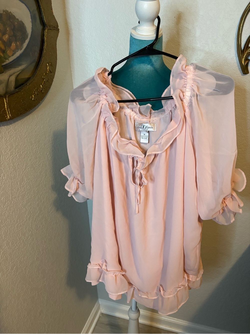 Once Again Pink Ruffle Blouse XL Chiffon Sheer Romantic Coquette Peasant Top
